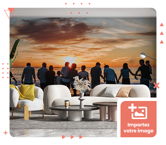 Salon avec papier peint personnalisé — coucher de soleil en bord de mer