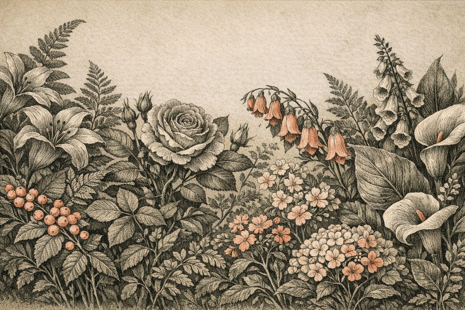 Papier peint Botanique Dark Academia gravure naturaliste