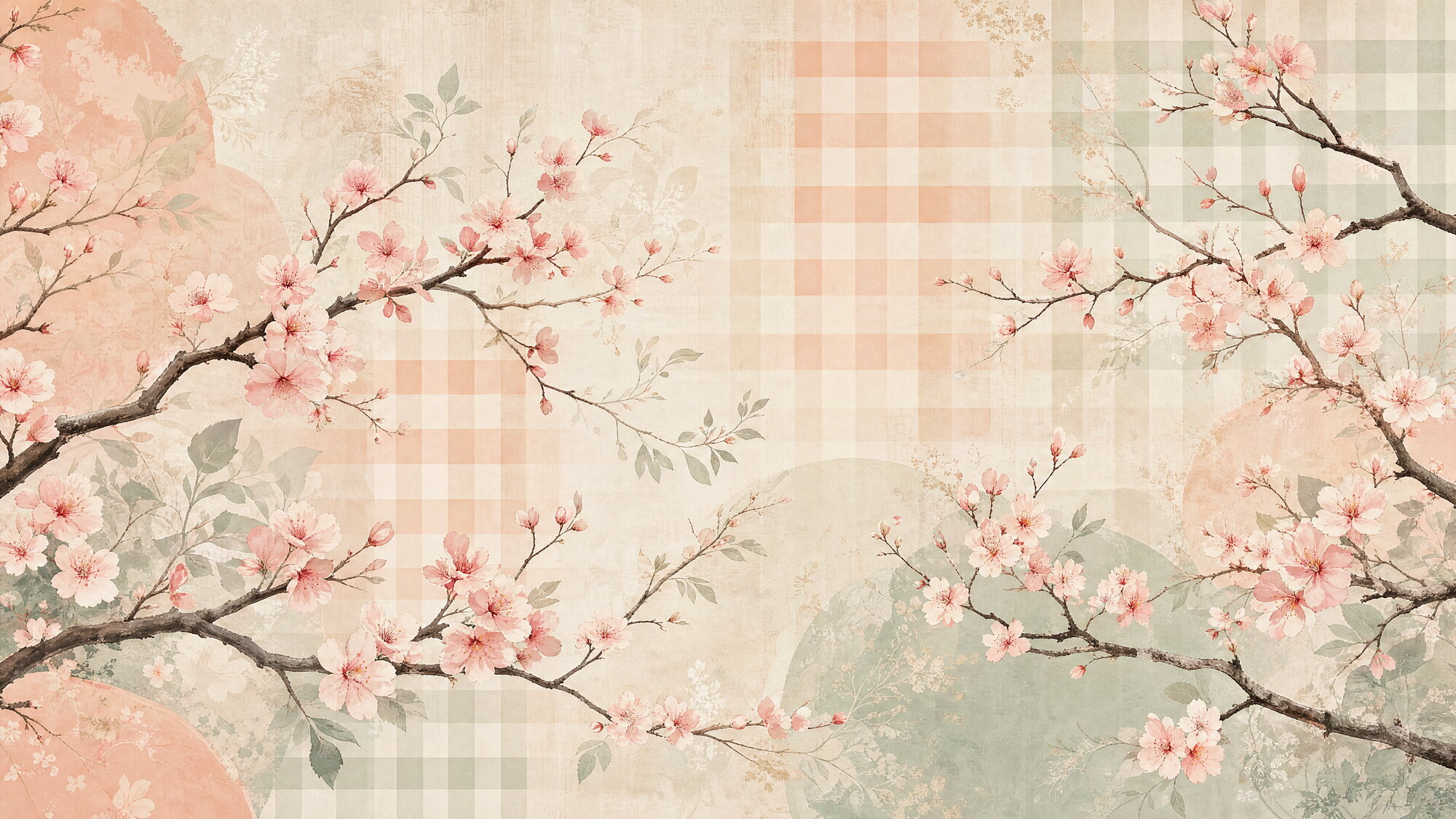 Papier peint panoramique Sakura et vichy pastel